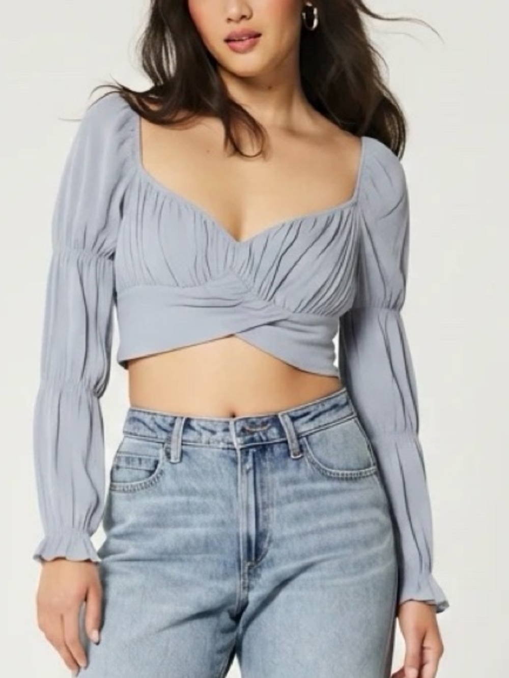 Privy Pastel Blue Long Sleeve Cropped Blouse